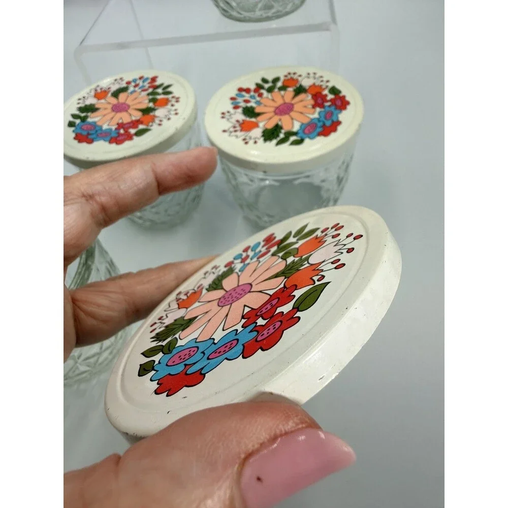 1960's Ball Quilted Glass #810 Jelly Jars White Floral Metal Caps Set 4 MCM